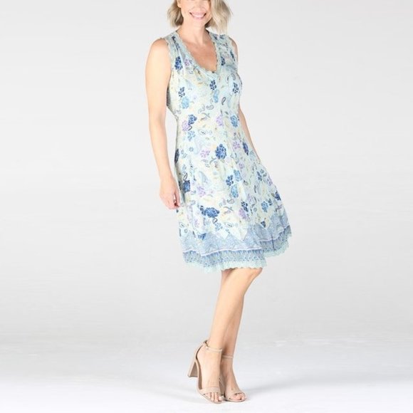 Floral Crinkle Mini Dress • Turquoise • Lace Crochet Trim • V-neck - Picture 2 of 3